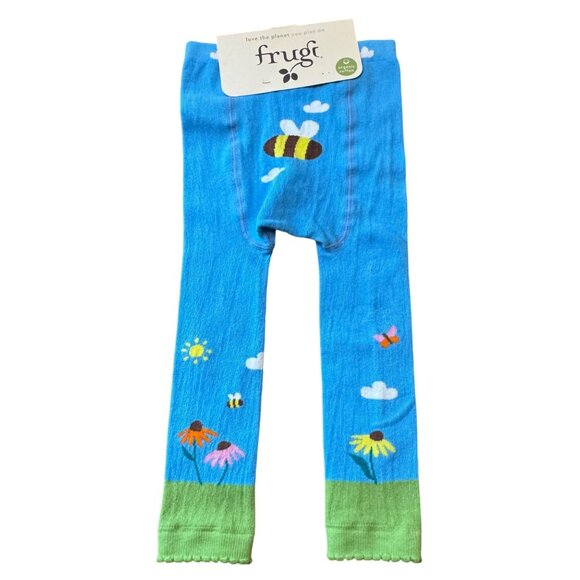 FRUGI Bee Little Knitted Leggings Girls 1-2Y NEW Blue Organic Cotton Tights NWT - Picture 1 of 7